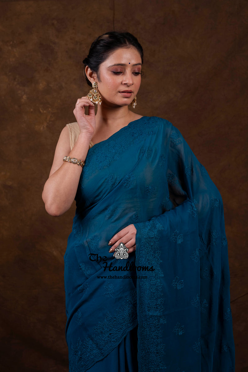 Pure Georgette Chikankari Handloom Banarasi Saree