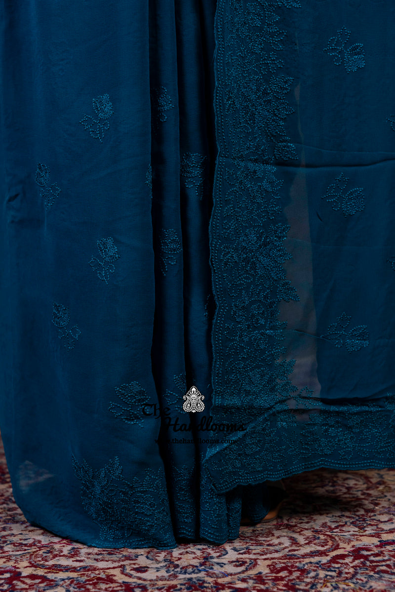 Pure Georgette Chikankari Handloom Banarasi Saree