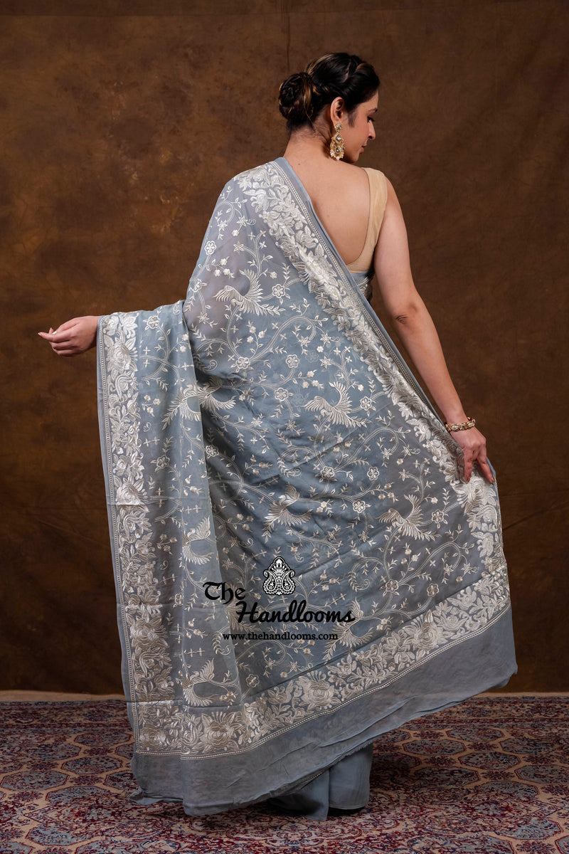 Grey Pure Georgette Chikankari Handloom Banarasi Saree