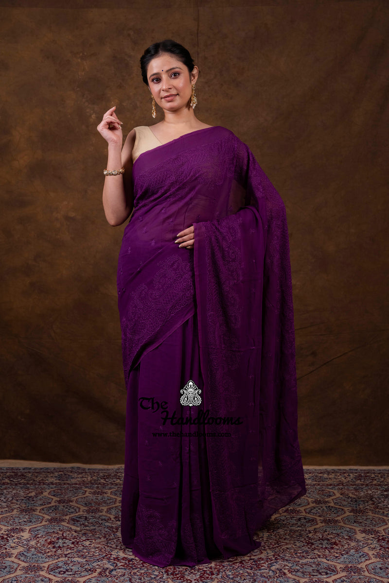 Pure Georgette Chikankari Handloom Banarasi Saree