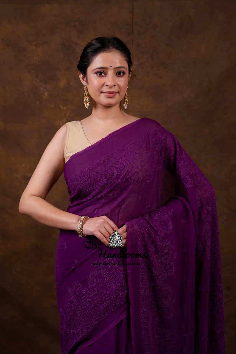 Pure Georgette Chikankari Handloom Banarasi Saree