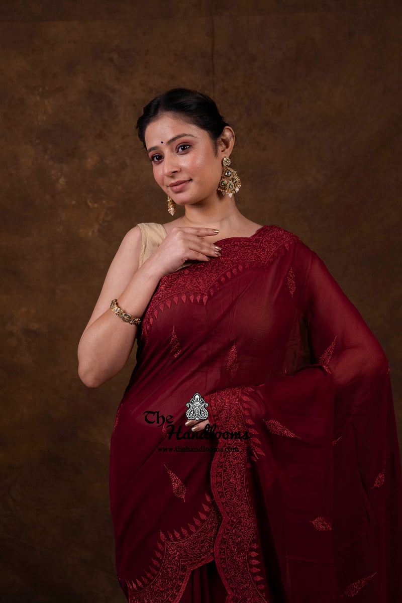 Pure Georgette Chikankari Handloom Banarasi Saree