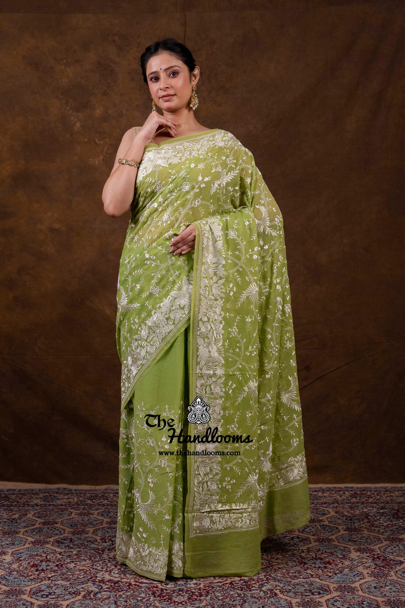 Pure Georgette Chikankari Handloom Banarasi Saree