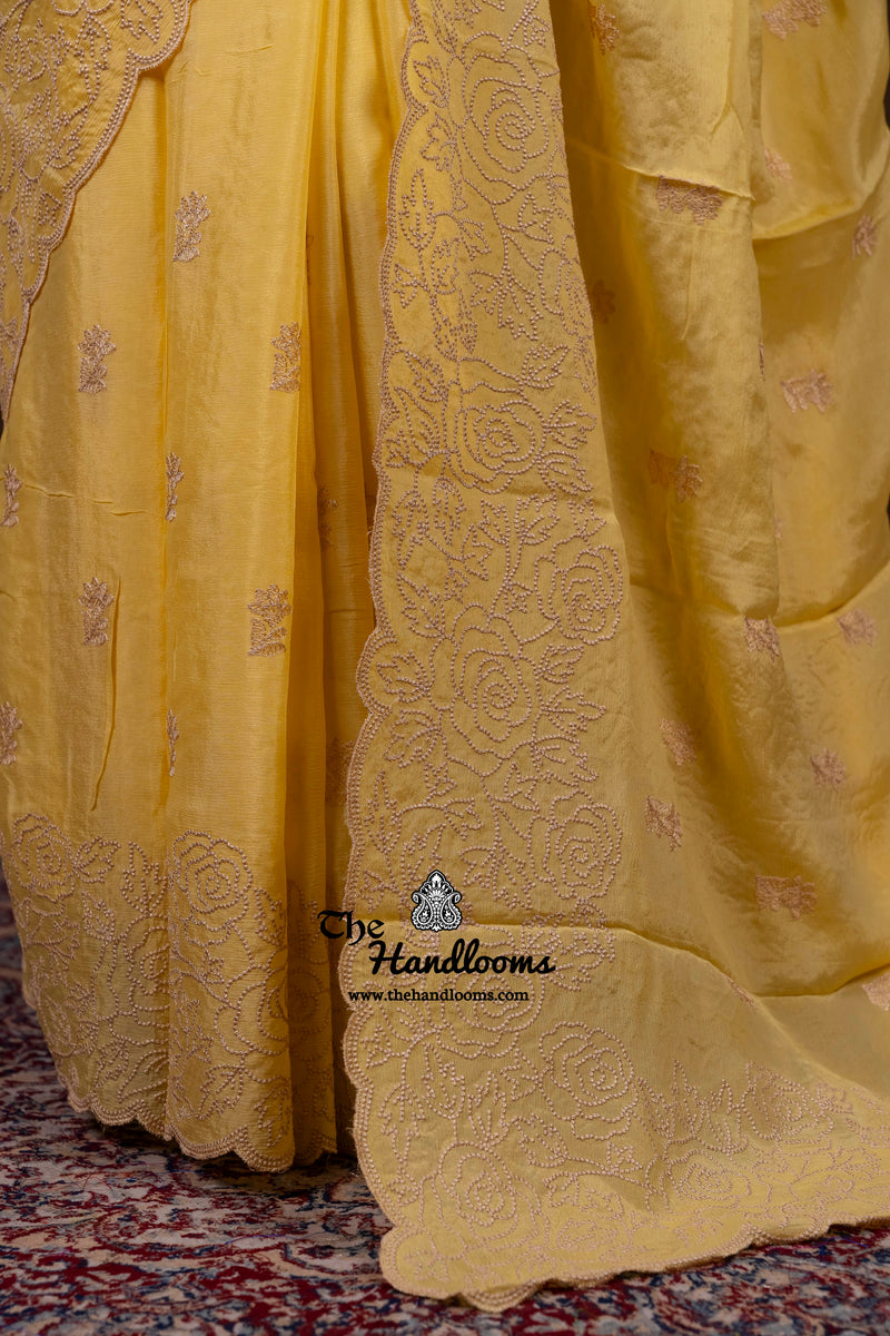 Pure Georgette Chikankari Handloom Banarasi Saree