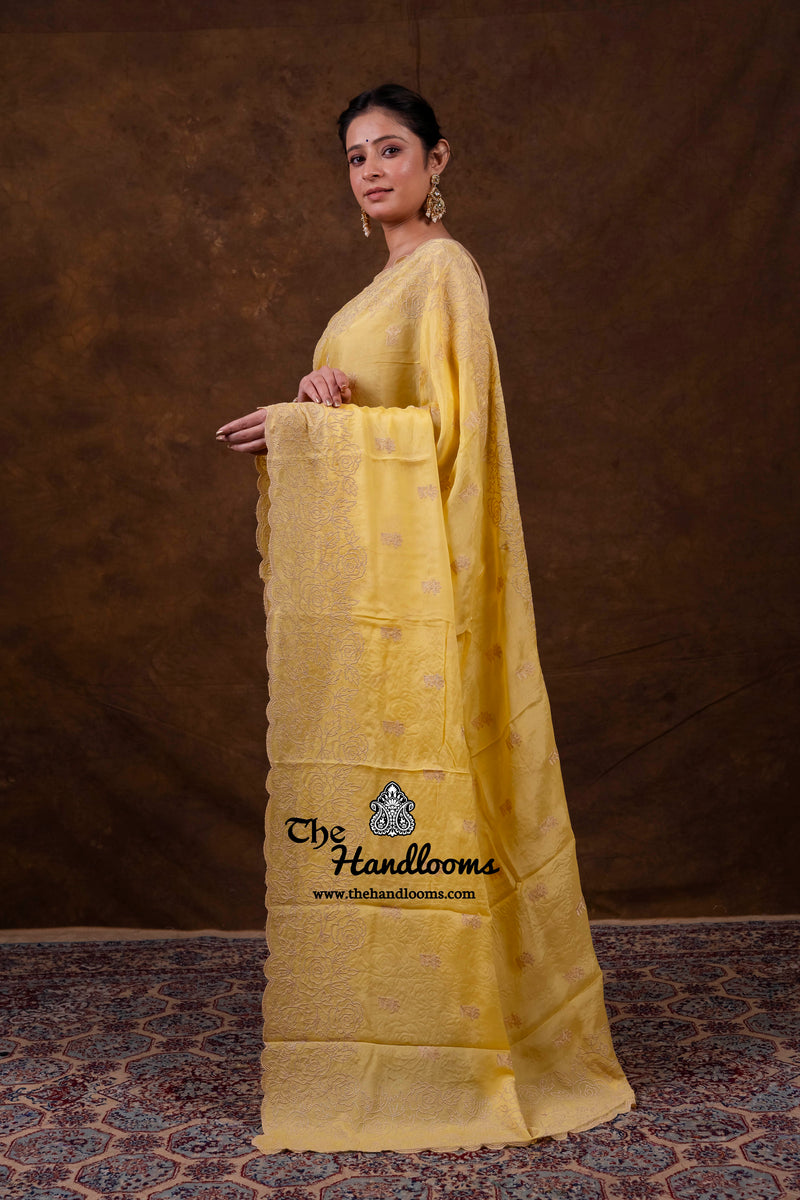 Pure Georgette Chikankari Handloom Banarasi Saree