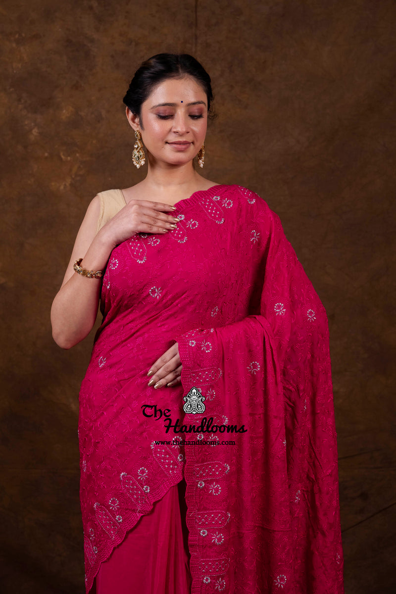 Pure Georgette Chikankari Handloom Banarasi Saree