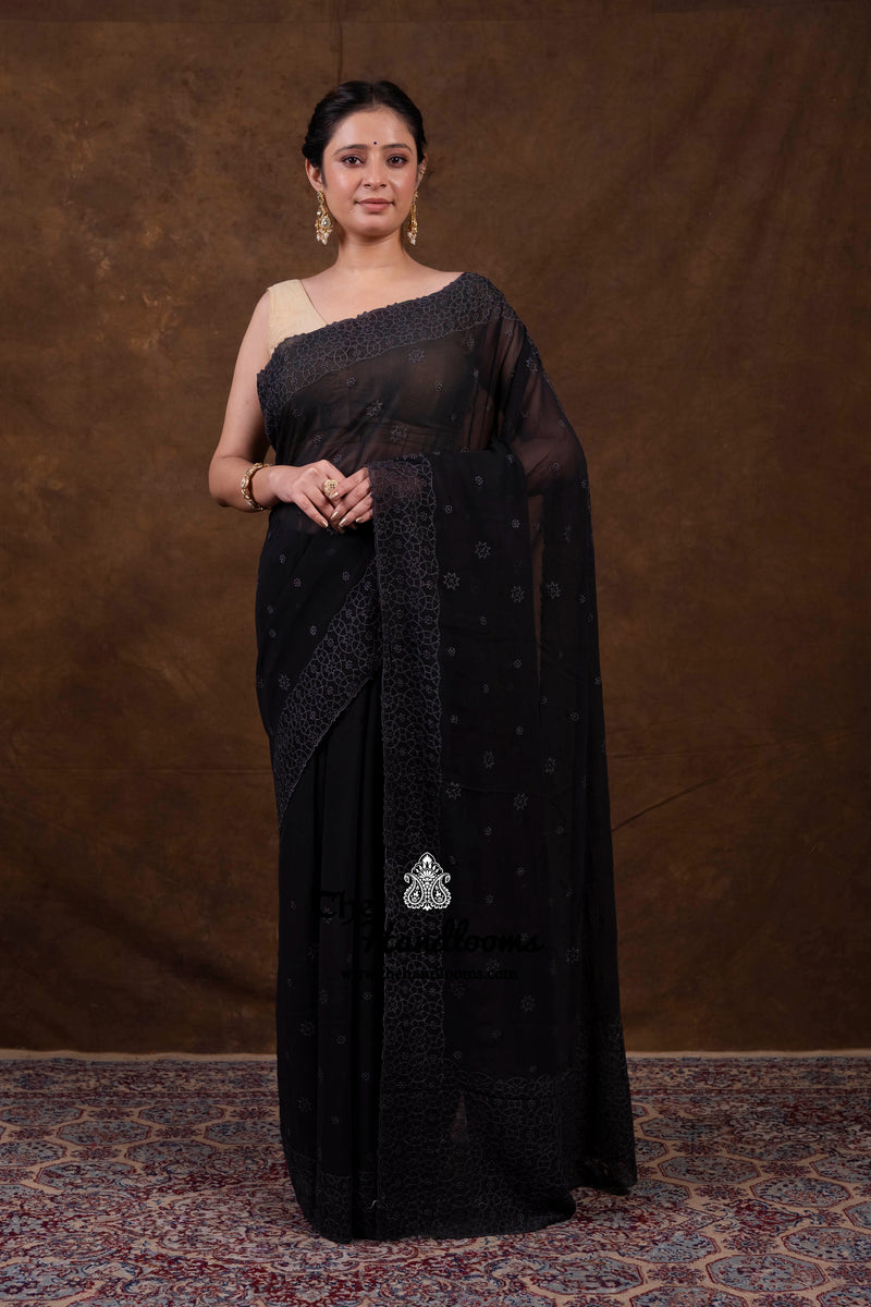 Pure Georgette Chikankari Handloom Banarasi Saree