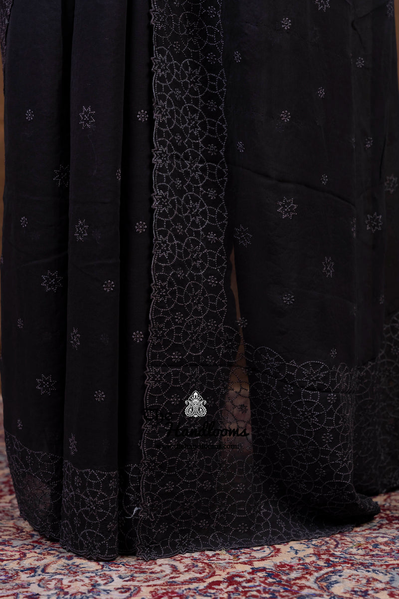 Pure Georgette Chikankari Handloom Banarasi Saree