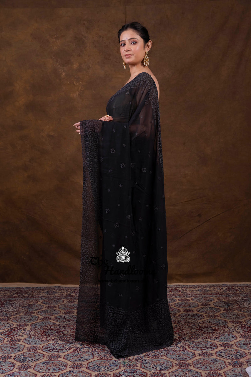 Pure Georgette Chikankari Handloom Banarasi Saree