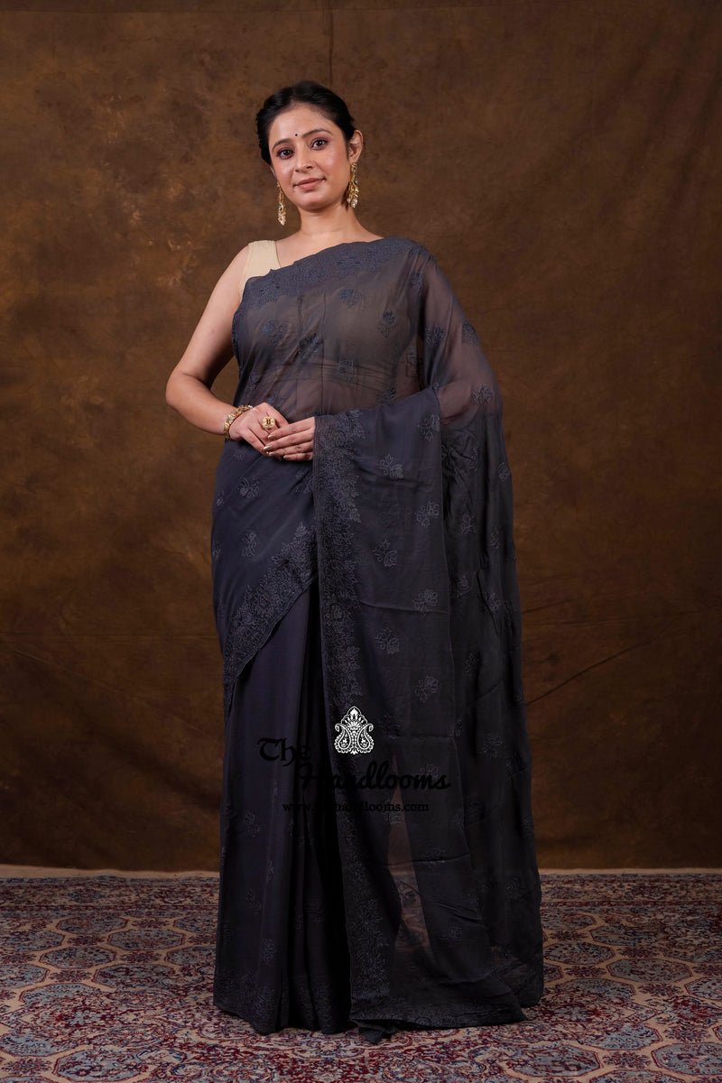 Pure Georgette Chikankari Handloom Banarasi Saree