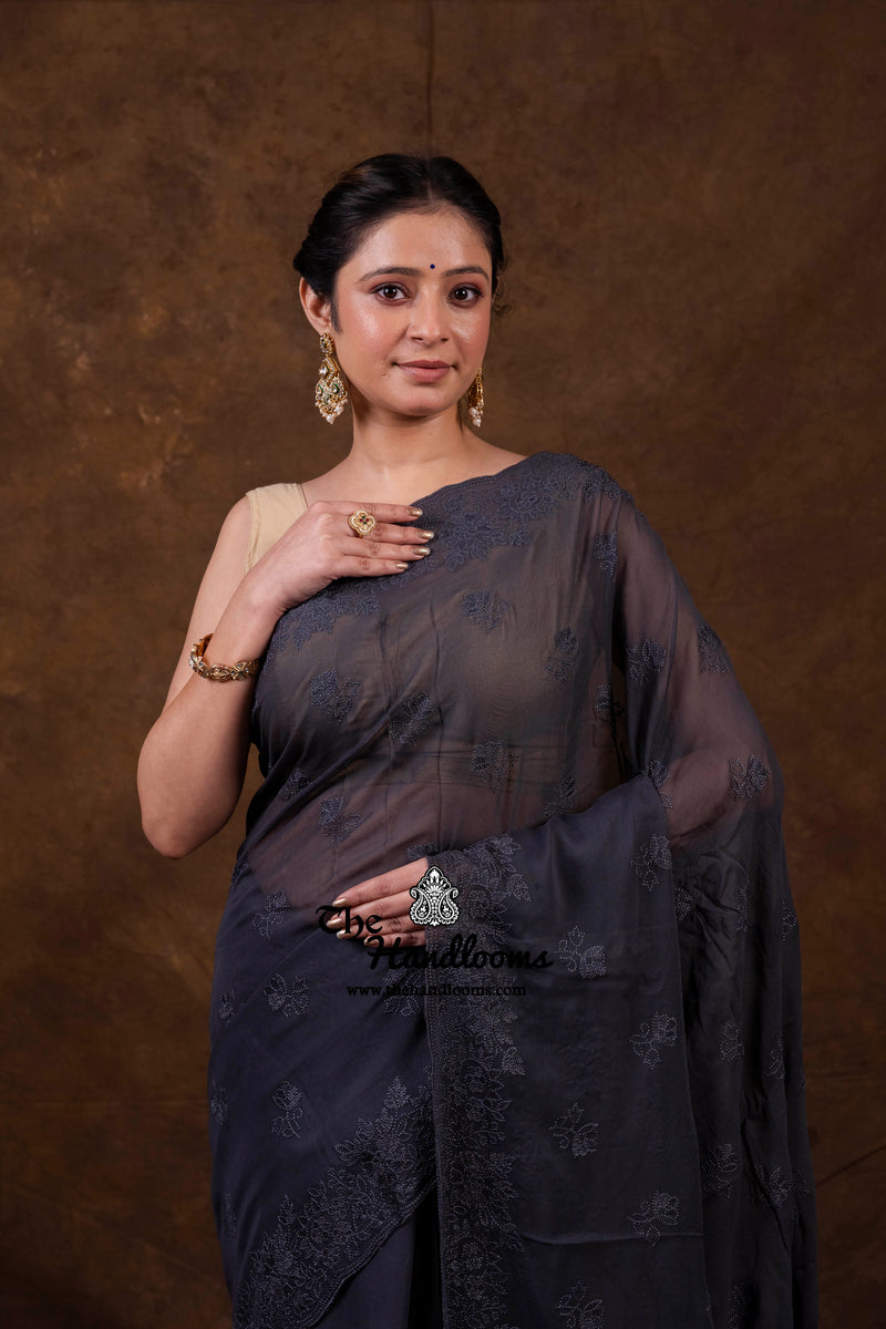 Pure Georgette Chikankari Handloom Banarasi Saree