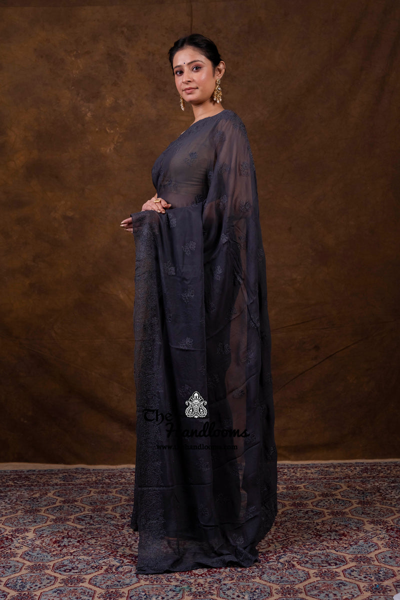 Pure Georgette Chikankari Handloom Banarasi Saree