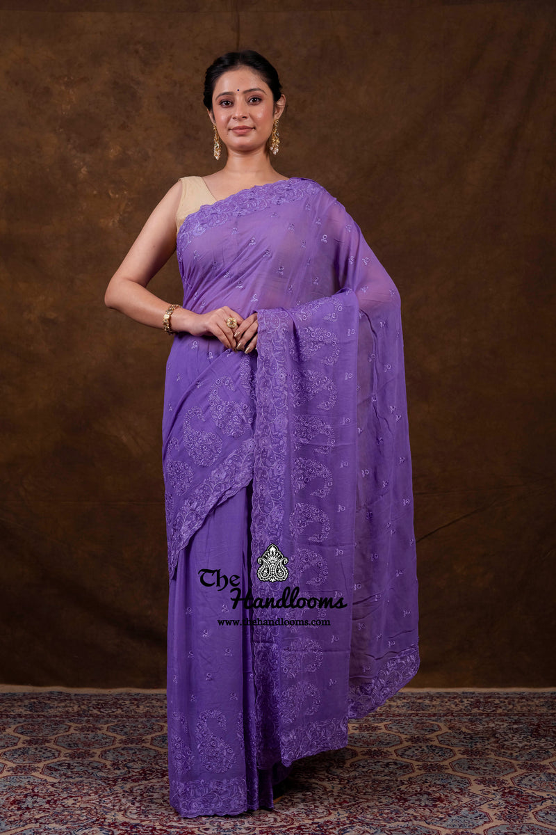 Pure Georgette Chikankari Handloom Banarasi Saree