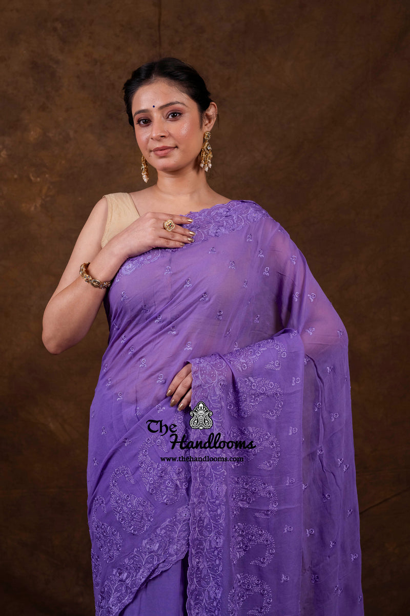 Pure Georgette Chikankari Handloom Banarasi Saree