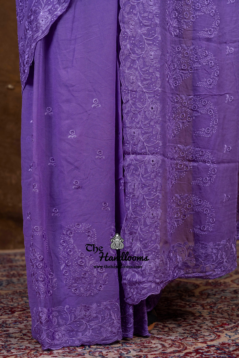 Pure Georgette Chikankari Handloom Banarasi Saree