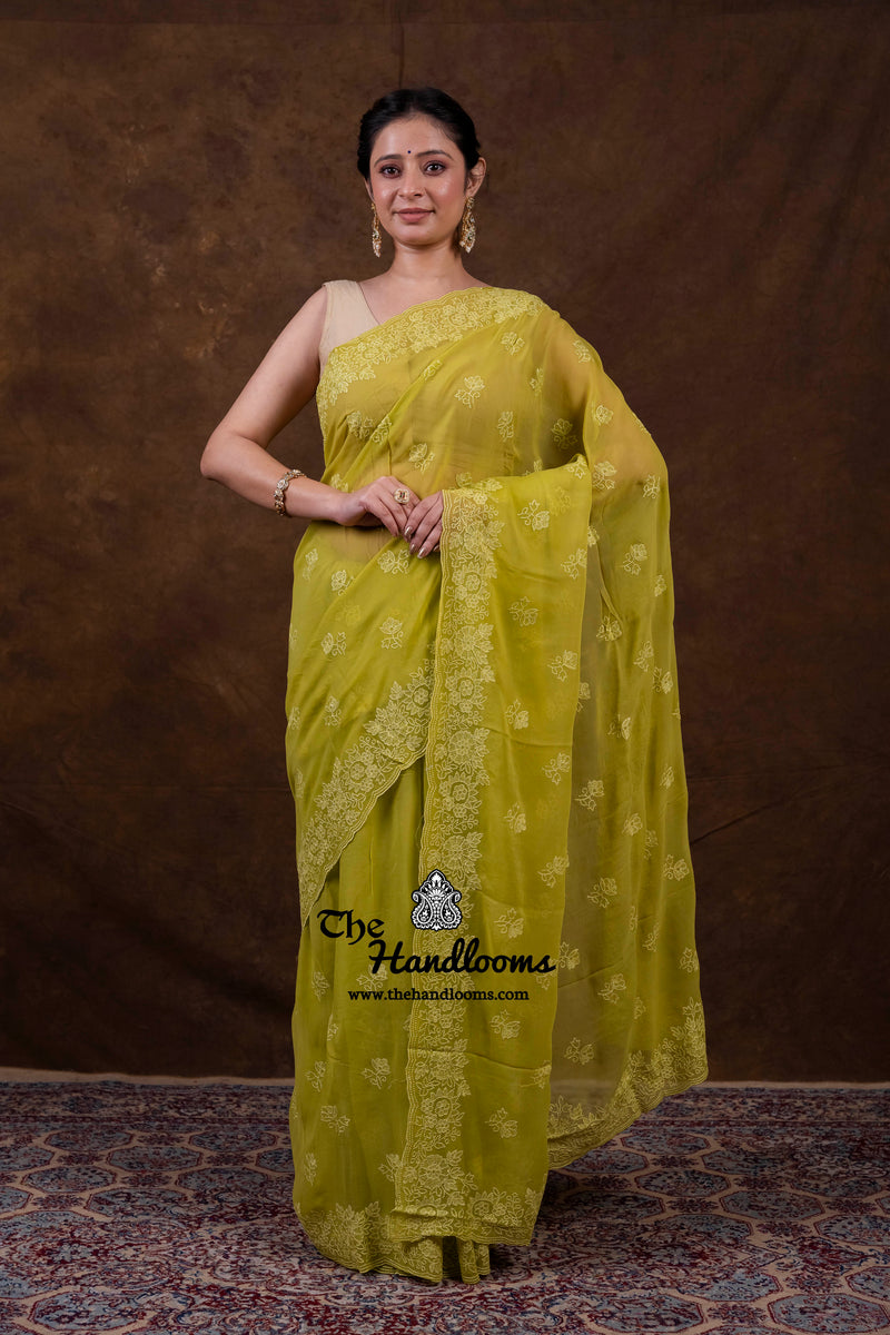 Pure Georgette Chikankari Handloom Banarasi Saree