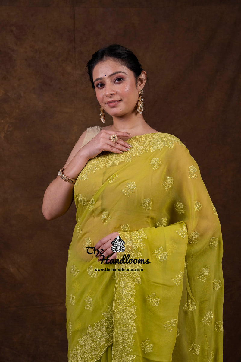 Pure Georgette Chikankari Handloom Banarasi Saree