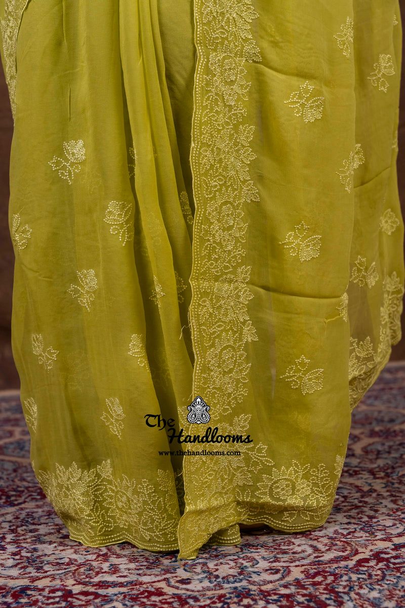 Pure Georgette Chikankari Handloom Banarasi Saree