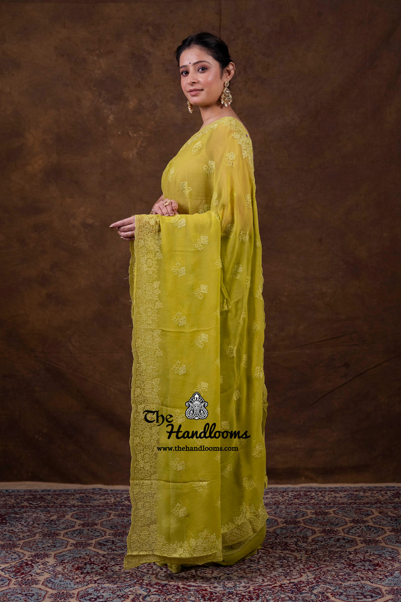 Pure Georgette Chikankari Handloom Banarasi Saree