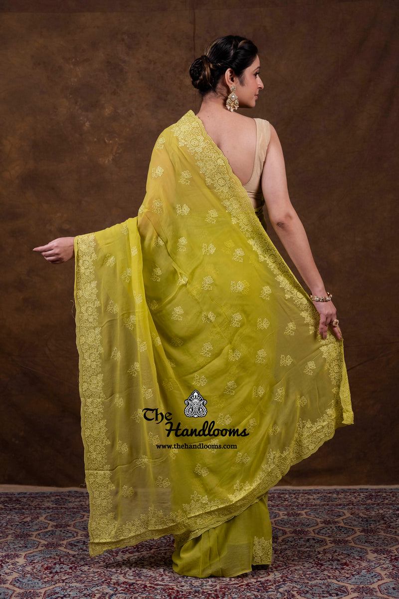 Pure Georgette Chikankari Handloom Banarasi Saree