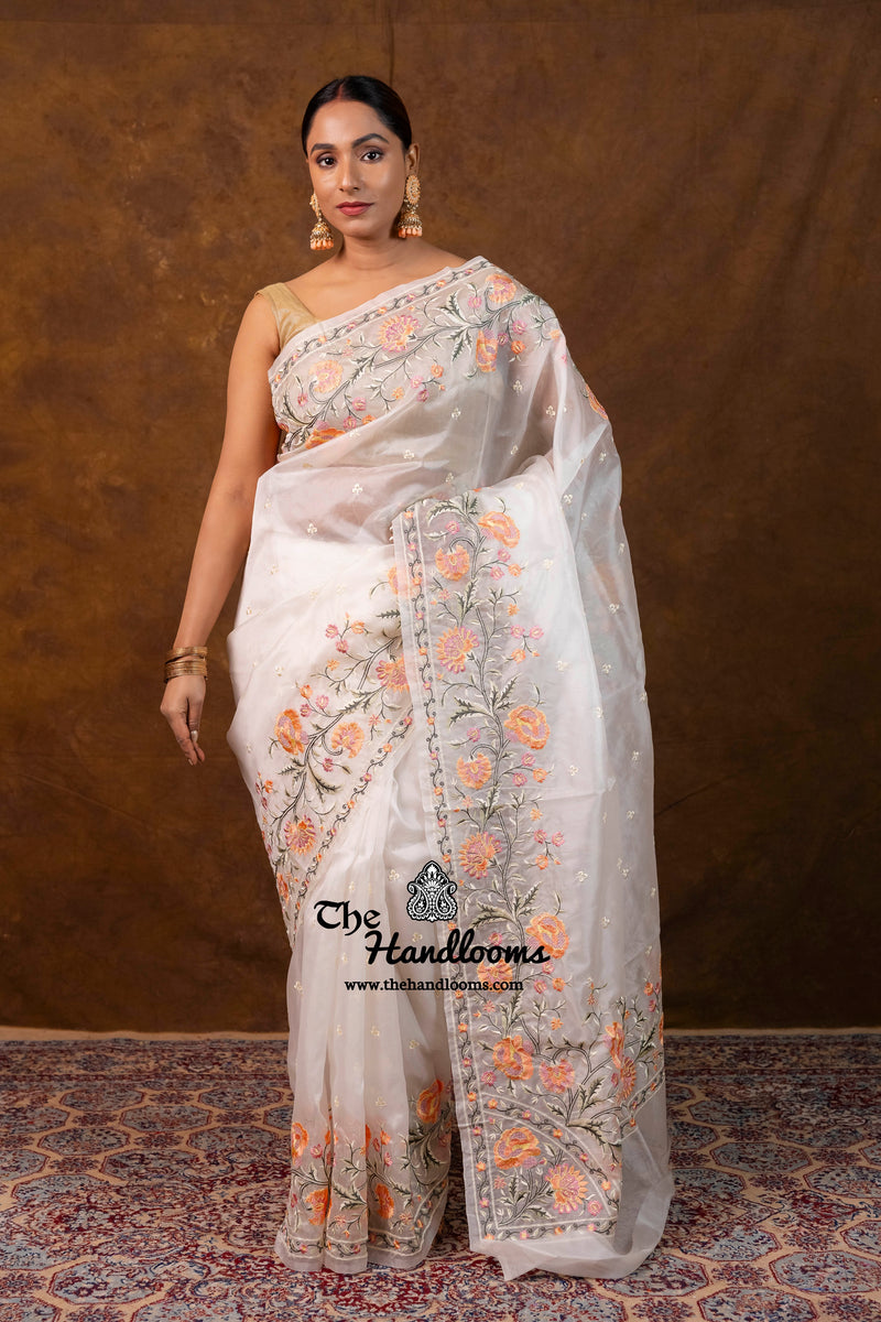 White Pure Organza Chikankari Handloom Banarasi Saree