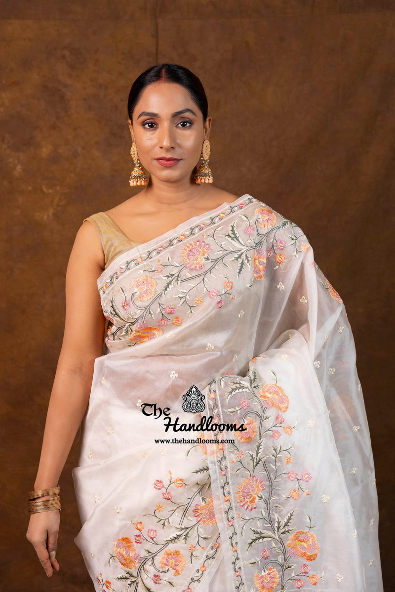 White Pure Organza Chikankari Handloom Banarasi Saree