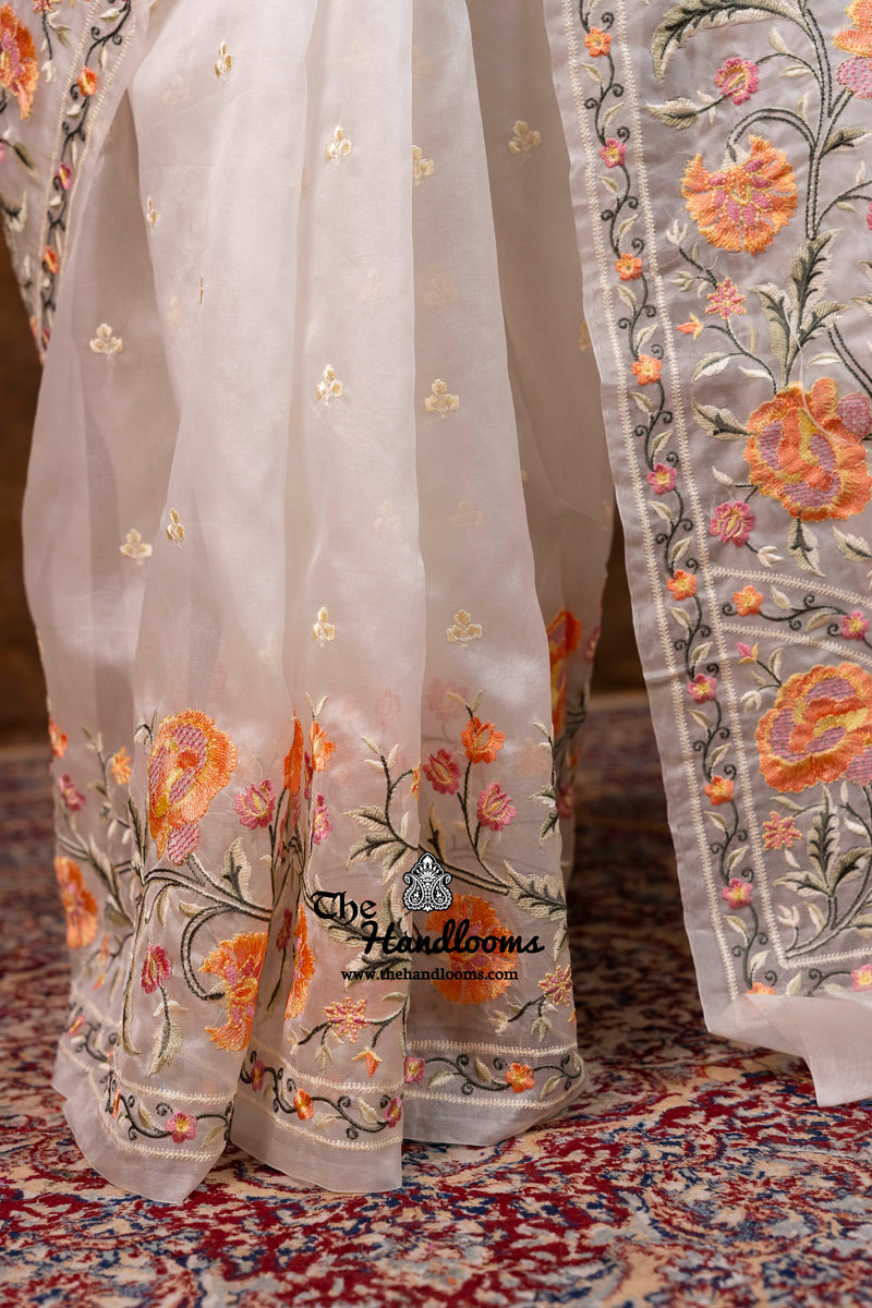 White Pure Organza Chikankari Handloom Banarasi Saree