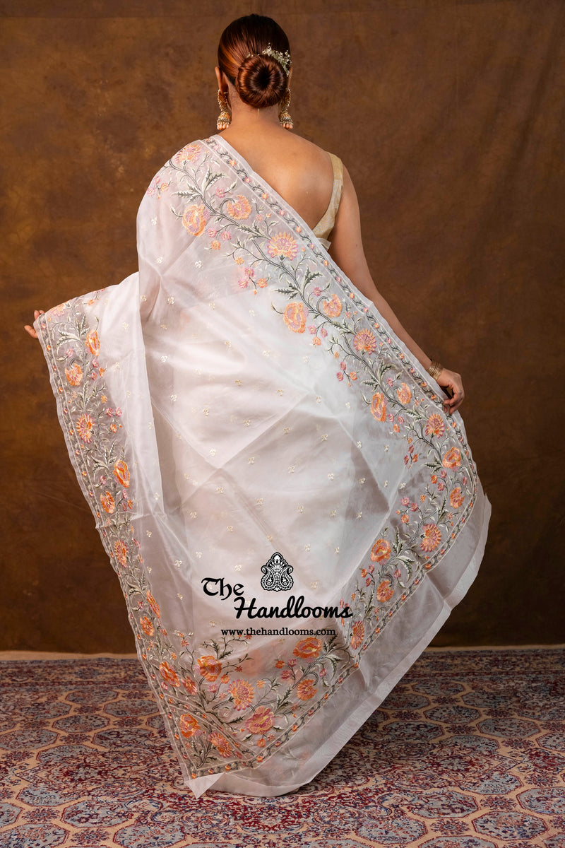 White Pure Organza Chikankari Handloom Banarasi Saree