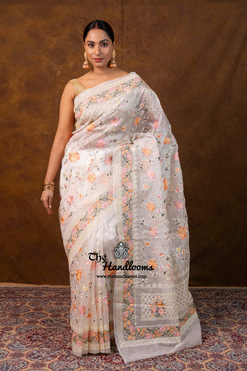 White Pure Organza Chikankari Handloom Banarasi Saree