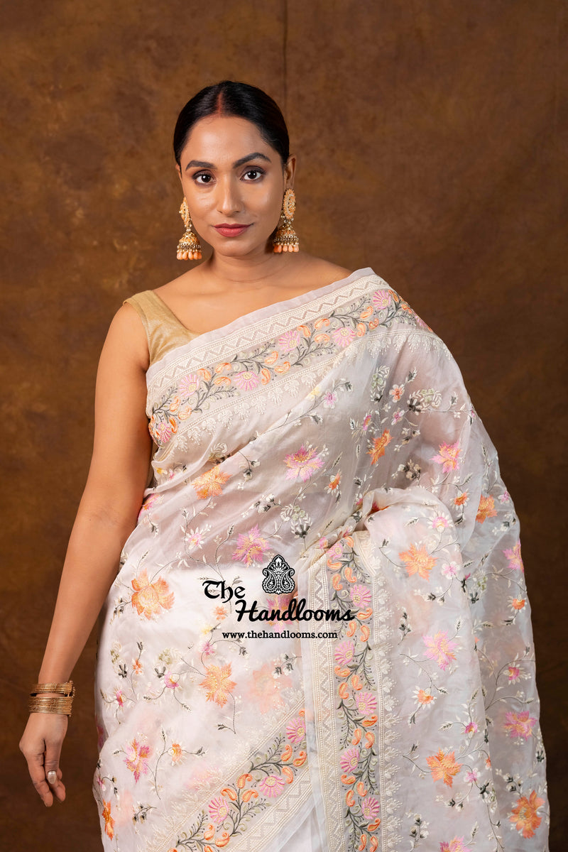 White Pure Organza Chikankari Handloom Banarasi Saree