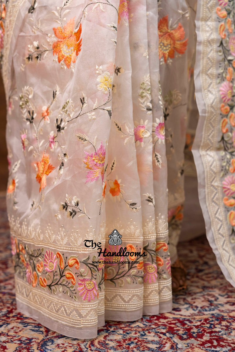 White Pure Organza Chikankari Handloom Banarasi Saree