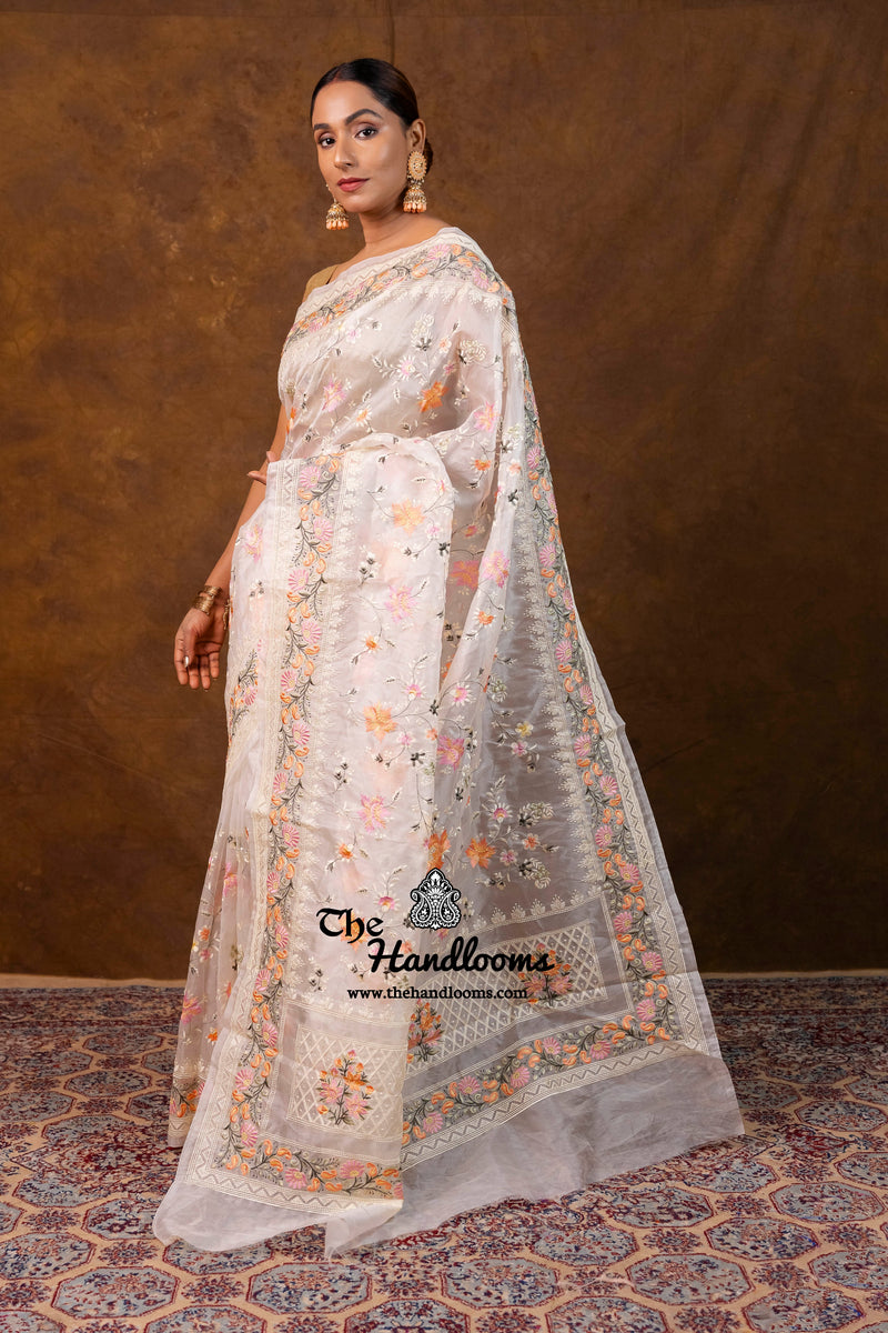 White Pure Organza Chikankari Handloom Banarasi Saree