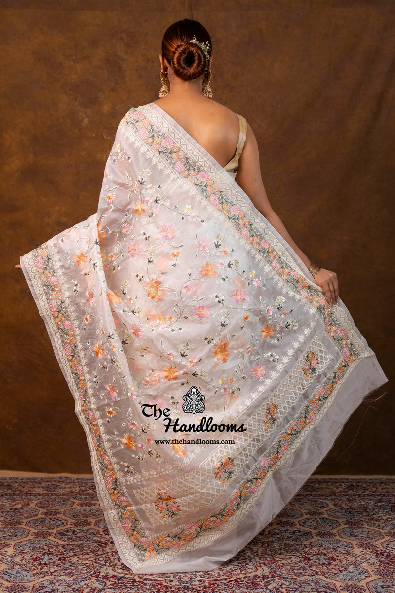 White Pure Organza Chikankari Handloom Banarasi Saree