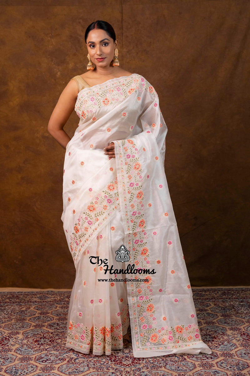 White Pure Organza Chikankari Handloom Banarasi Saree
