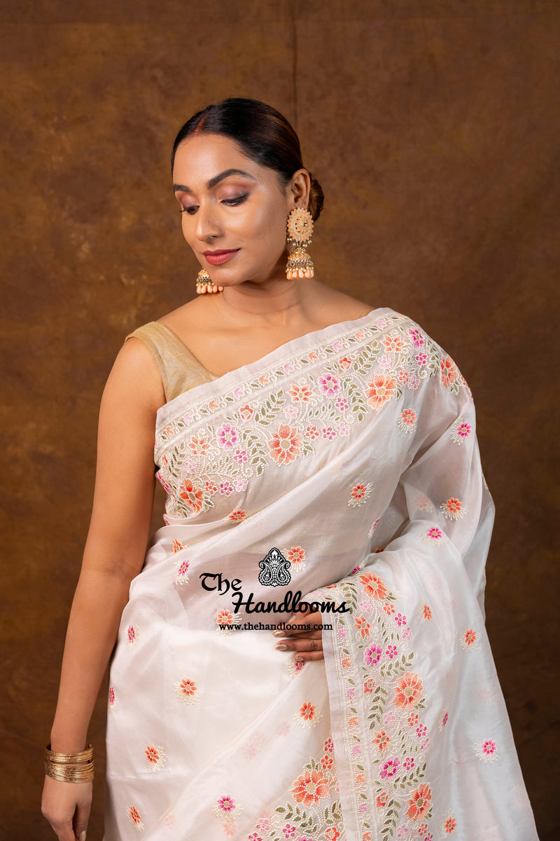 White Pure Organza Chikankari Handloom Banarasi Saree