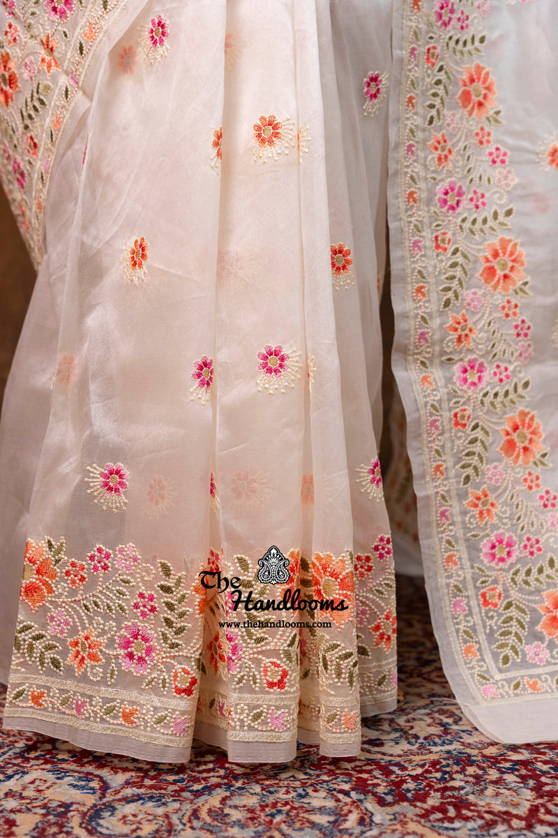 White Pure Organza Chikankari Handloom Banarasi Saree