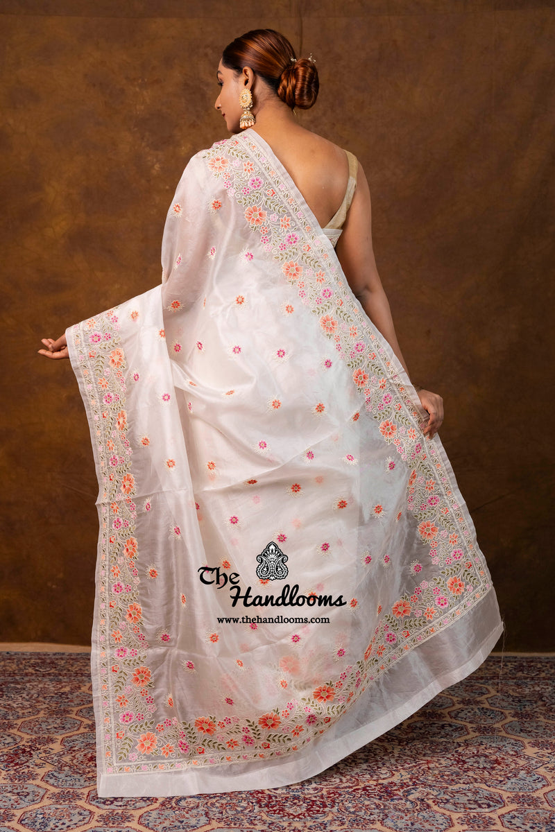 White Pure Organza Chikankari Handloom Banarasi Saree