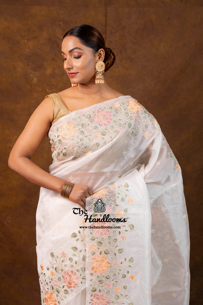 White Pure Organza Chikankari Handloom Banarasi Saree