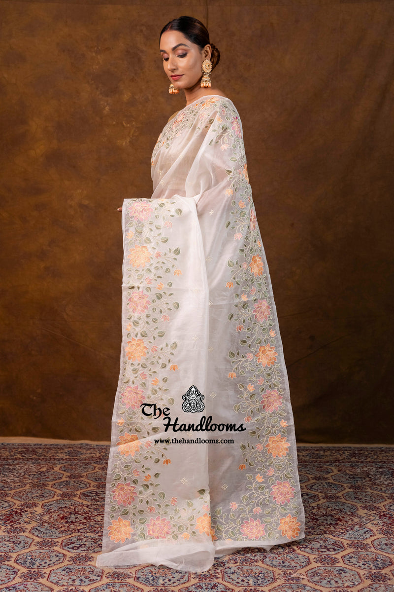 White Pure Organza Chikankari Handloom Banarasi Saree