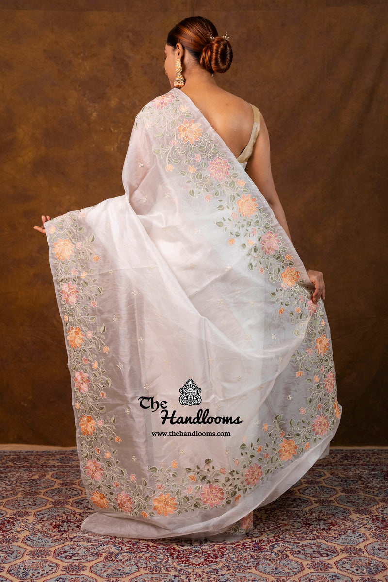 White Pure Organza Chikankari Handloom Banarasi Saree