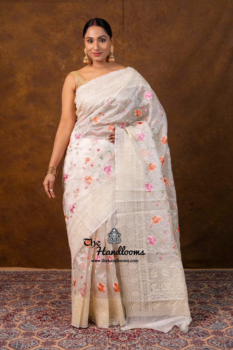 White Pure Organza Chikankari Handloom Banarasi Saree