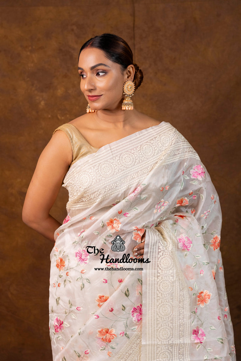 White Pure Organza Chikankari Handloom Banarasi Saree