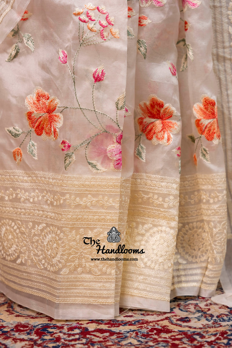 White Pure Organza Chikankari Handloom Banarasi Saree