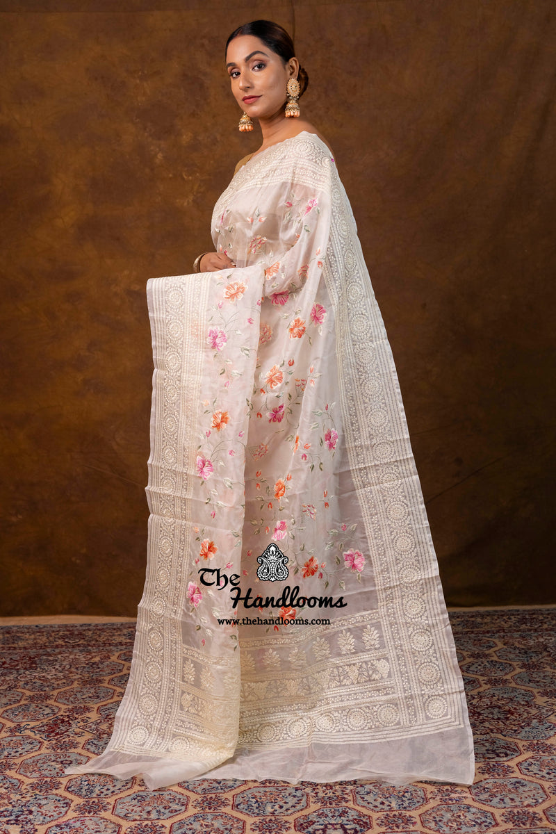 White Pure Organza Chikankari Handloom Banarasi Saree