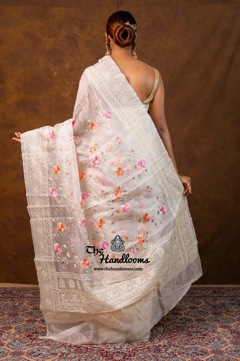 White Pure Organza Chikankari Handloom Banarasi Saree