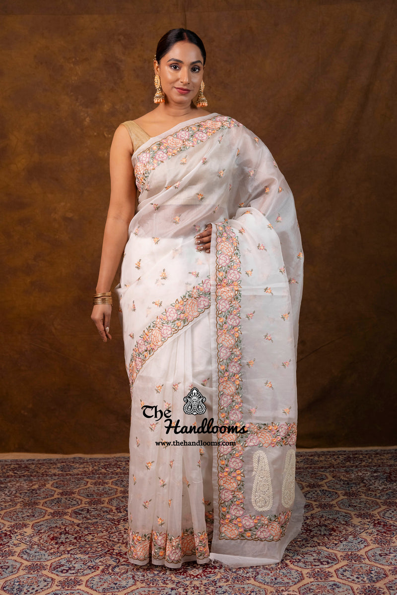 White Pure Organza Chikankari Handloom Banarasi Saree