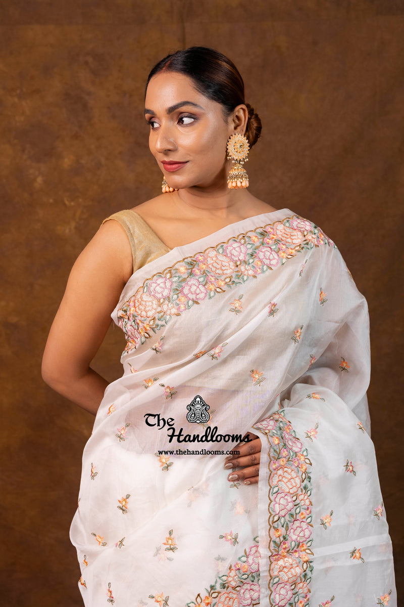 White Pure Organza Chikankari Handloom Banarasi Saree