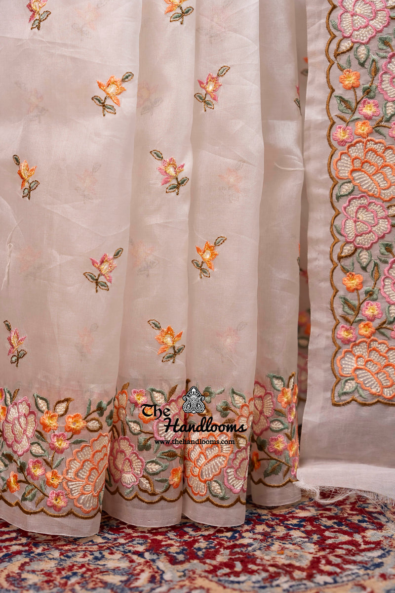 White Pure Organza Chikankari Handloom Banarasi Saree