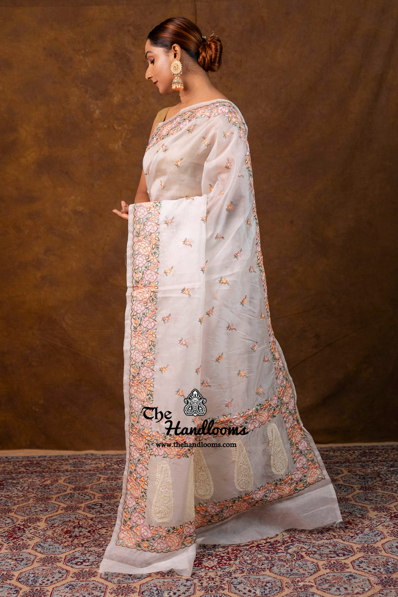 White Pure Organza Chikankari Handloom Banarasi Saree