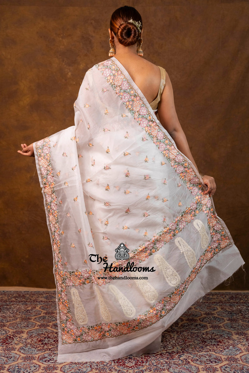 White Pure Organza Chikankari Handloom Banarasi Saree